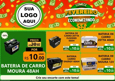 Modelo de Encarte para Encarte A4 Horizontal com o tema Comece Fevereiro Economizando para Baterias Elétricas