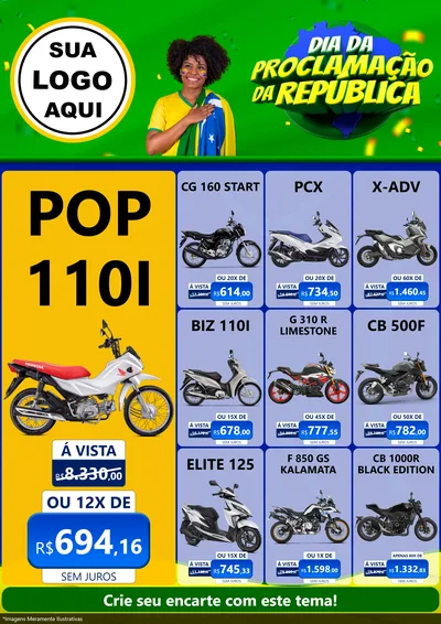 Modelo de Encarte para Encarte A4 Vertical com o tema Dia Da Proclamação Da República para Concessionaria de Motos