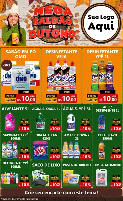 Modelo de Encarte para Encarte Grande com o tema Mega Saldão de Outono para Produtos de Limpeza