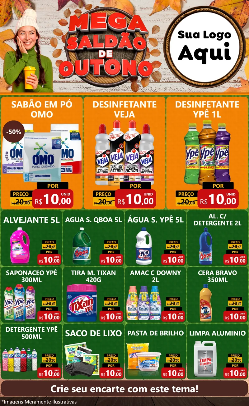 Modelo de Encarte para Encarte Grande com o tema Mega Saldão de Outono para Produtos de Limpeza