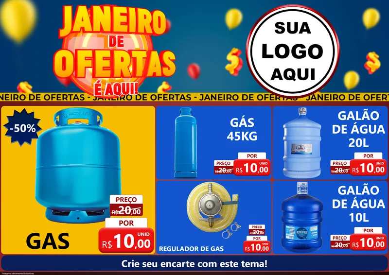 Modelo de Encarte para Encarte A4 Horizontal com o tema Janeiro de Ofertas É Aqui! para Água e gás