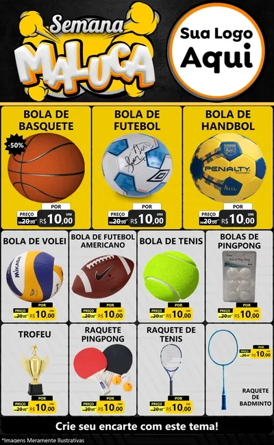 Modelo de Encarte para Encarte Grande com o tema Semana Maluca para Artigos Esportivos