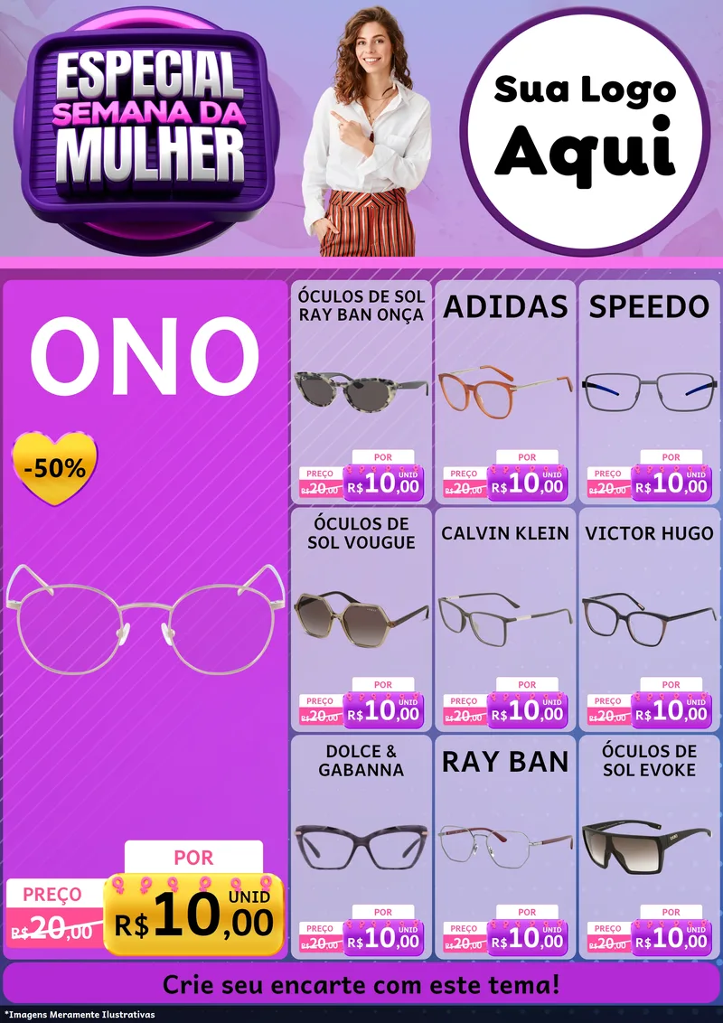 Modelo de Encarte para Encarte A4 Vertical com o tema Especial Semana da Mulher para Óticas