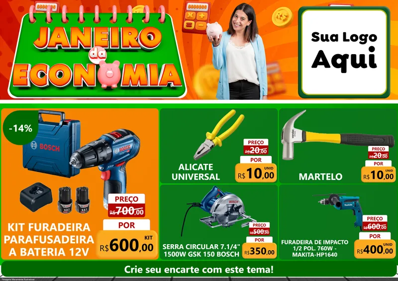 Modelo de Encarte para Encarte A4 Horizontal com o tema Janeiro da Economia para Maquinas e Ferramentas