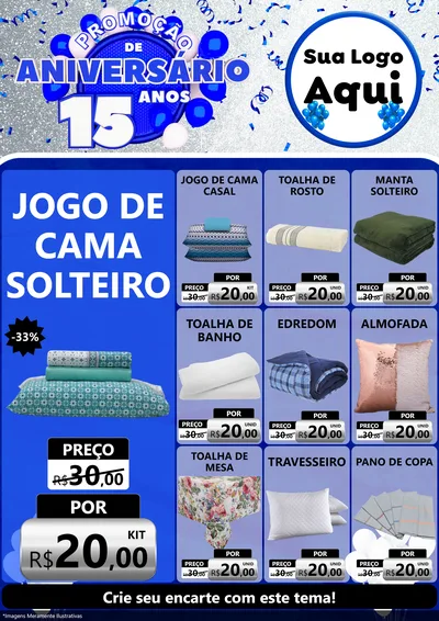 Modelo de Encarte para Encarte A4 Vertical com o tema Promoção de Aniversário - 15 Anos para Cama, Mesa e Banho