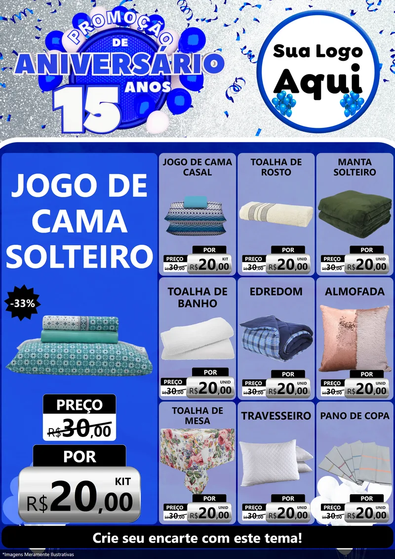 Modelo de Encarte para Encarte A4 Vertical com o tema Promoção de Aniversário - 15 Anos para Cama, Mesa e Banho