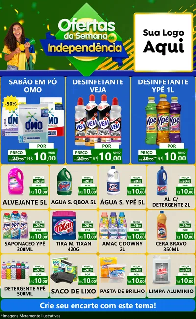 Modelo de Encarte para Encarte Grande com o tema Ofertas da Semana da Independência para Produtos de Limpeza