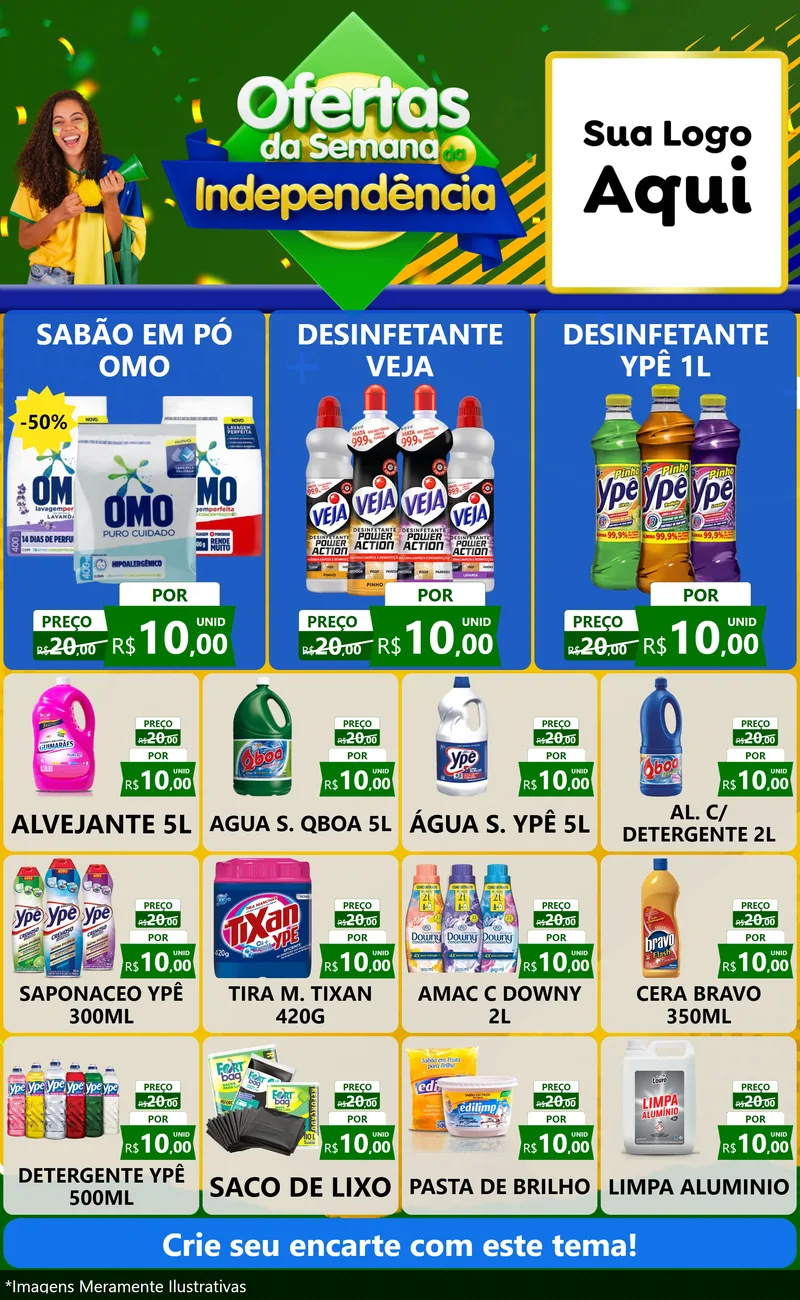 Modelo de Encarte para Encarte Grande com o tema Ofertas da Semana da Independência para Produtos de Limpeza