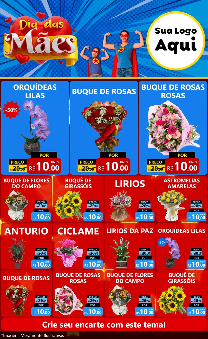 Modelo de Encarte para Encarte Grande com o tema Dia das Mães para Floricultura e jardim