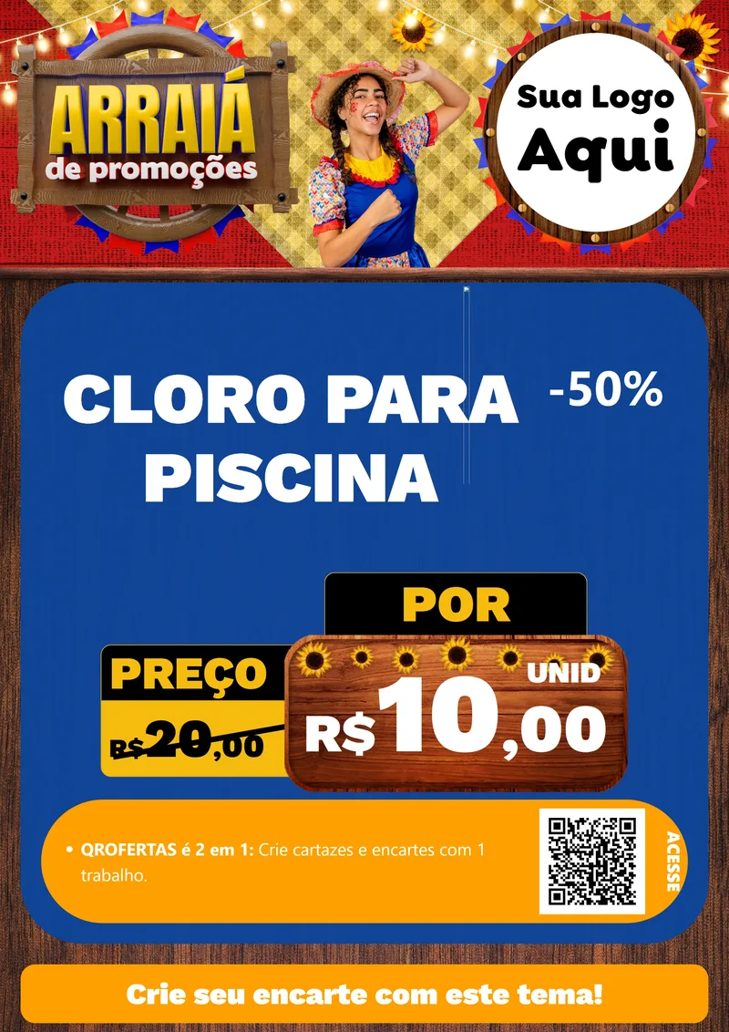 Modelo de Cartaz para Cartaz A4 Vertical com o tema Arraiá de Promoções para Produtos para Piscina