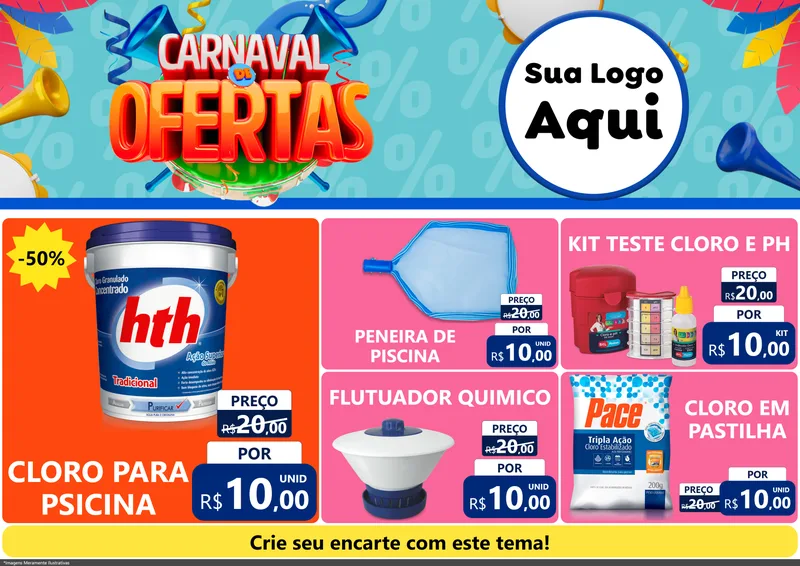 Modelo de Encarte para Encarte A4 Horizontal com o tema Carnaval de Ofertas para Produtos para Piscina