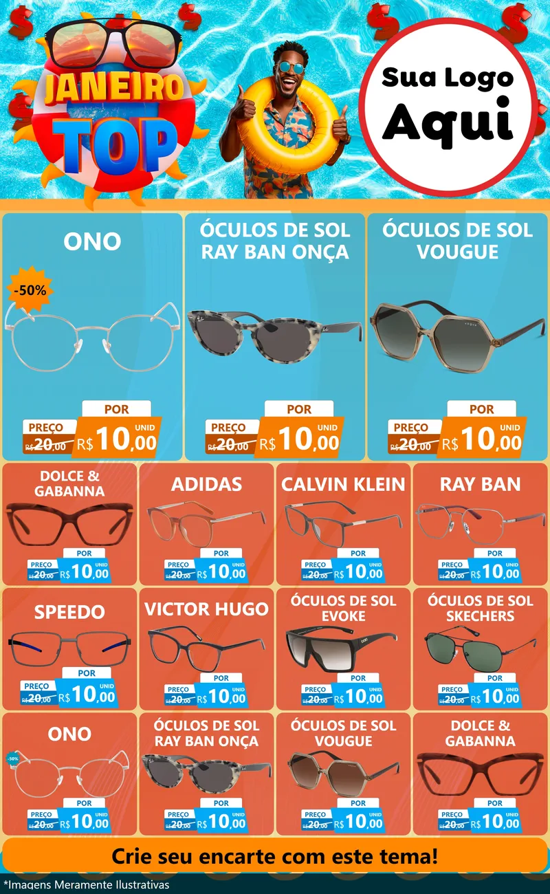 Modelo de Encarte para Encarte Grande com o tema Janeiro Top para Óticas