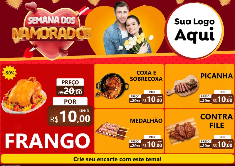 Modelo de Encarte para Encarte A4 Horizontal com o tema Semana dos Namorados para Assados