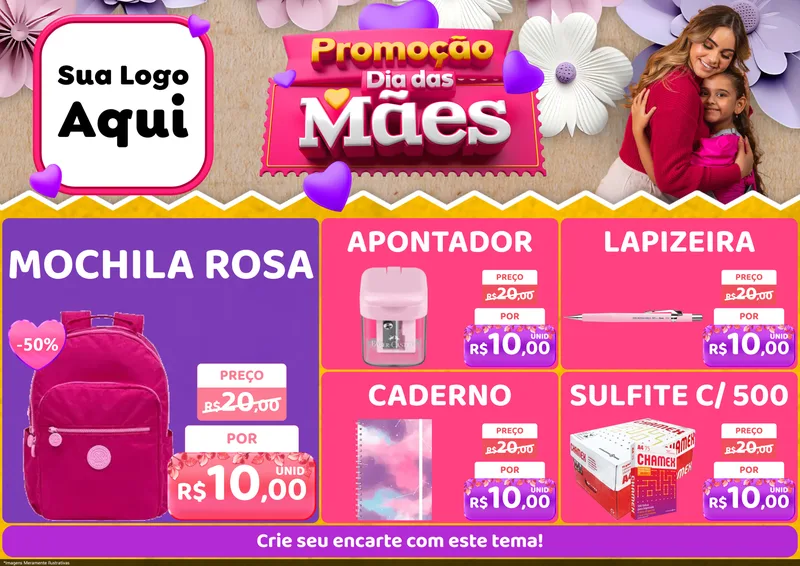 Modelo de Encarte para Encarte A4 Horizontal com o tema Promoção Dia das Mães para Papelaria