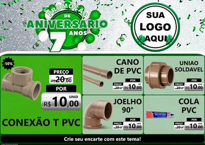 Modelo de Encarte para Encarte A4 Horizontal com o tema Promoção de Aniversário - 7 Anos para Tubos e conexões
