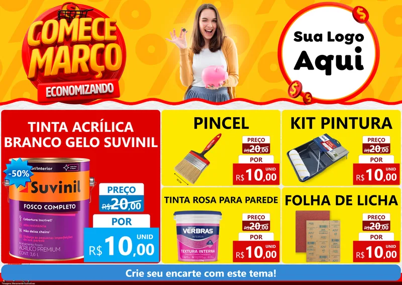 Modelo de Encarte para Encarte A4 Horizontal com o tema Comece Março Economizando para Tintas e Ferramentas