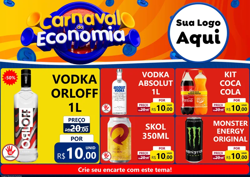 Modelo de Encarte para Encarte A4 Horizontal com o tema Carnaval da Economia para Distribuidora de bebidas