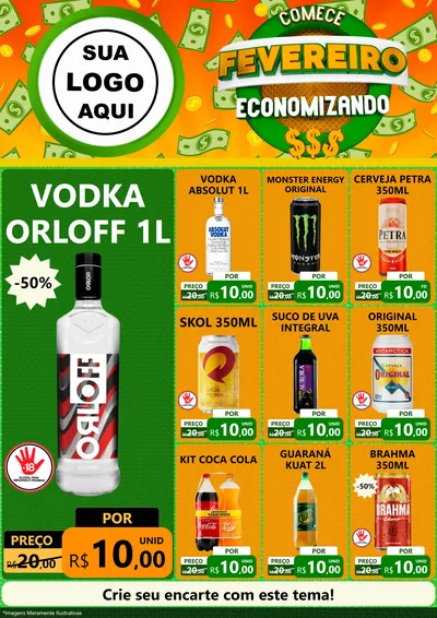 Modelo de Encarte para Encarte A4 Vertical com o tema Comece Fevereiro Economizando para Distribuidora de bebidas