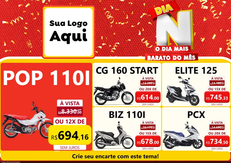 Modelo de Encarte para Encarte A4 Horizontal com o tema Dia N o Dia Mais Barato do Mês para Concessionaria de Motos