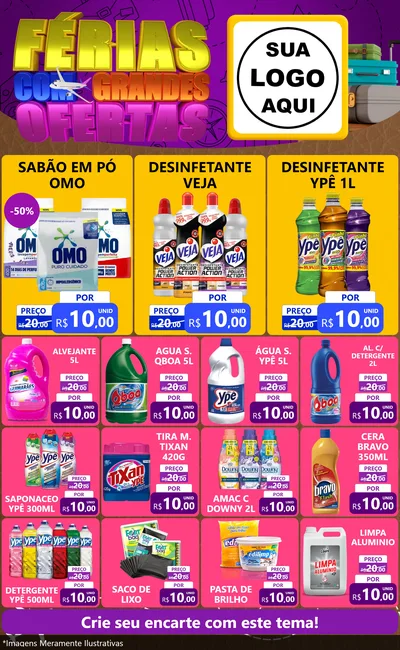 Modelo de Encarte para Encarte Grande com o tema Férias com Grandes Ofertas para Produtos de Limpeza