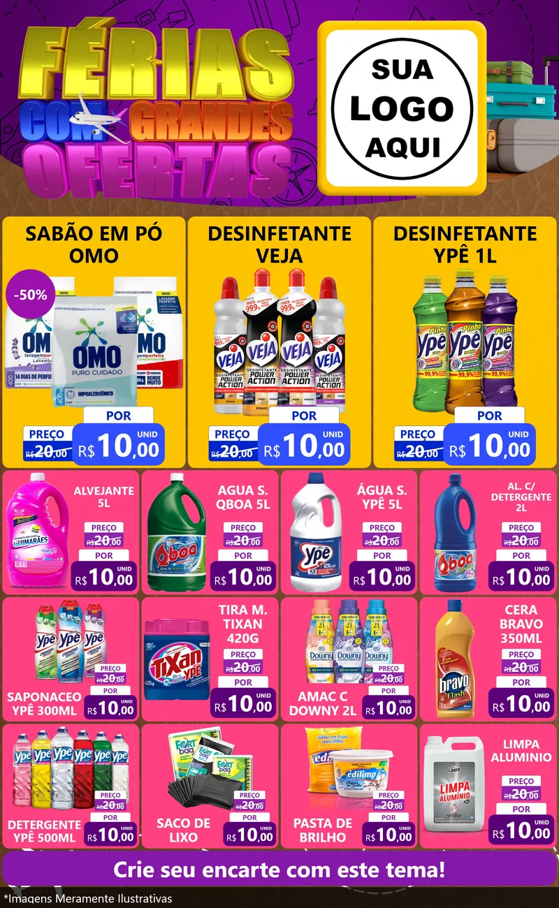Modelo de Encarte para Encarte Grande com o tema Férias com Grandes Ofertas para Produtos de Limpeza