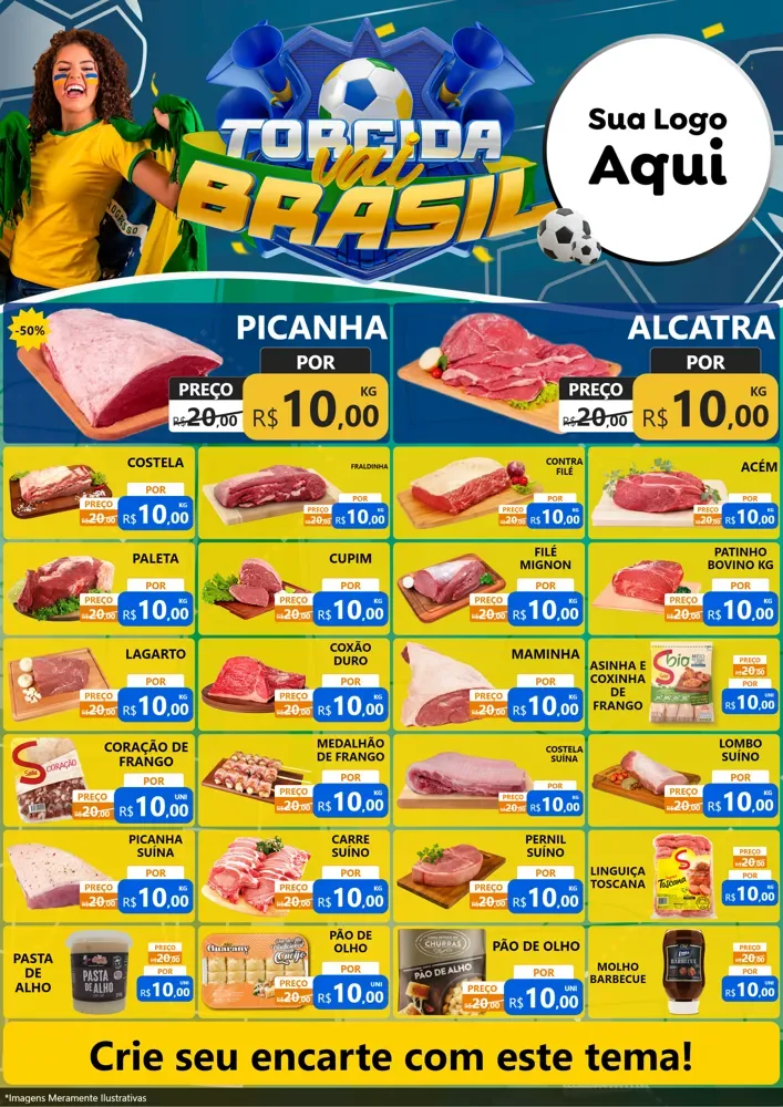 Modelo de Encarte para Encarte A4 Vertical com o tema Torcida Vai Brasil - Copa para Açougue