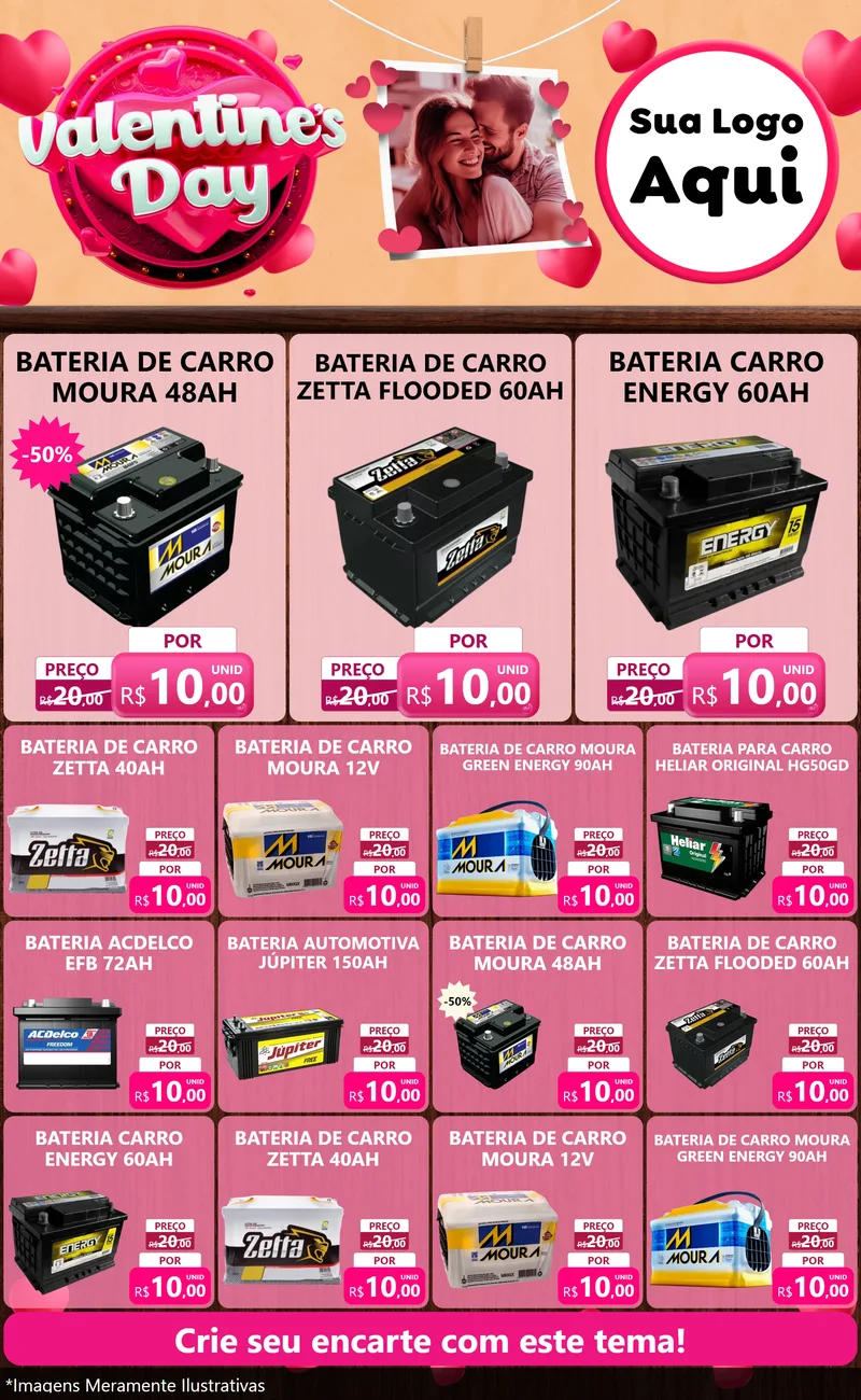 Modelo de Encarte para Encarte Grande com o tema Valentine's Day para Baterias Elétricas
