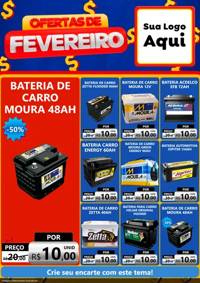 Modelo de Encarte para Encarte A4 Vertical com o tema Ofertas de Fevereiro para Baterias Elétricas