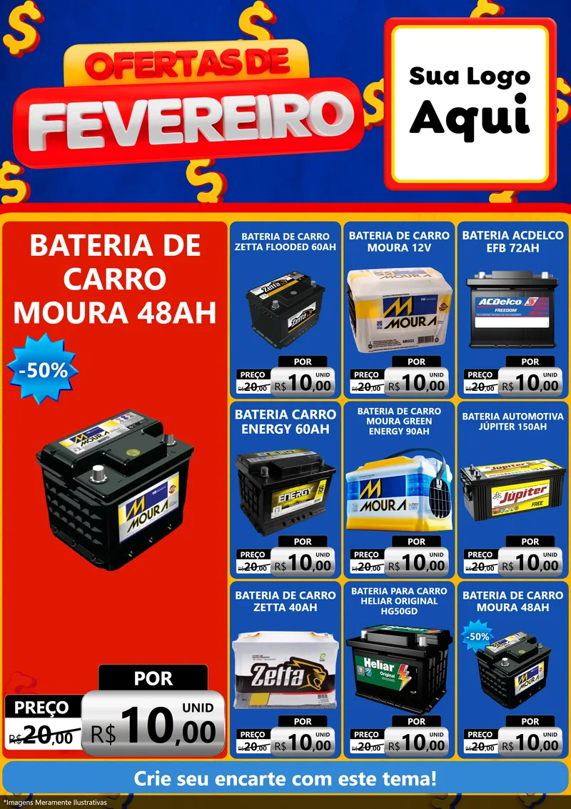 Modelo de Encarte para Encarte A4 Vertical com o tema Ofertas de Fevereiro para Baterias Elétricas