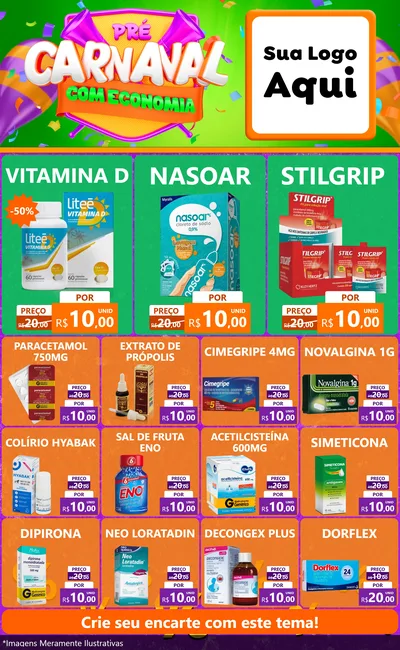 Modelo de Encarte para Encarte Grande com o tema Pré-Carnaval Com Economia para Farmácia