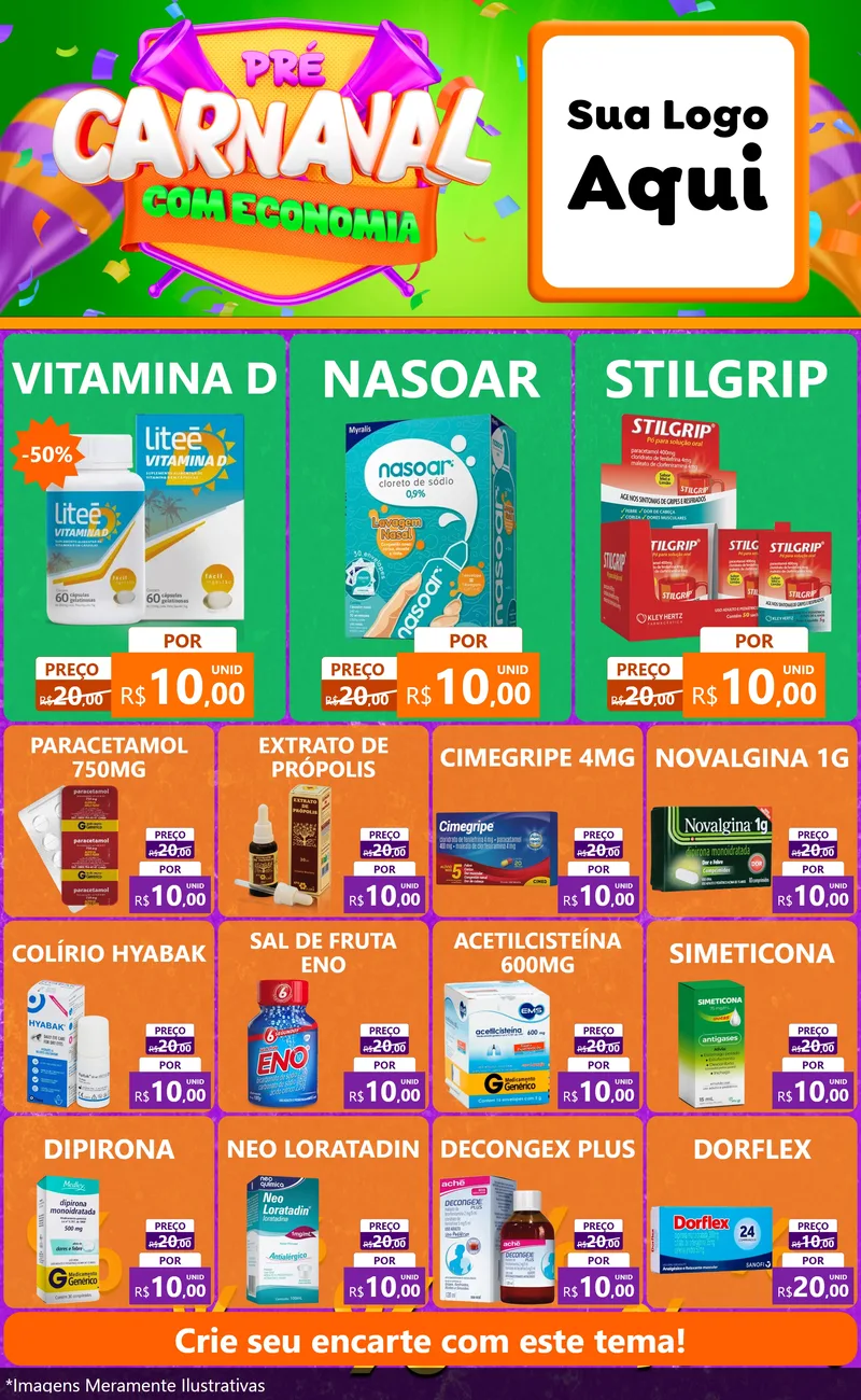 Modelo de Encarte para Encarte Grande com o tema Pré-Carnaval Com Economia para Farmácia