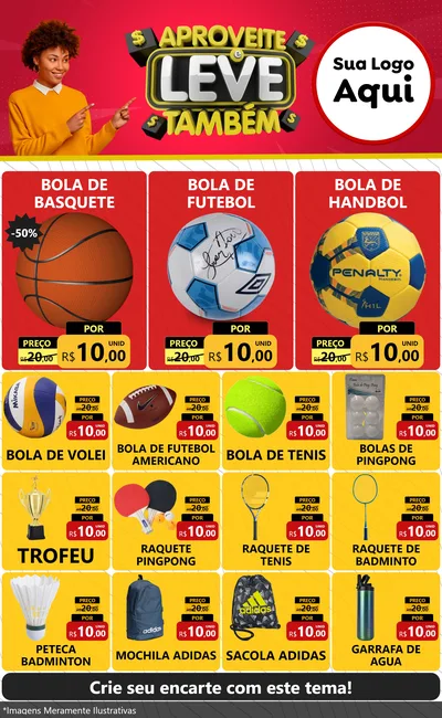 Modelo de Encarte para Encarte Grande com o tema Aproveite e Leve Também para Artigos Esportivos