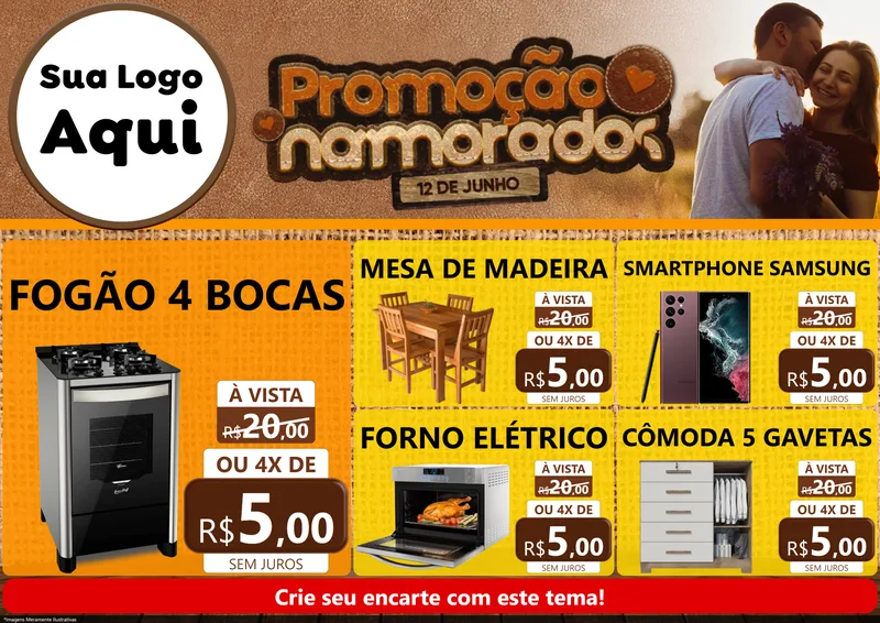 Modelo de Encarte para Encarte A4 Horizontal com o tema Promoção Namorados para Móveis e Eletro