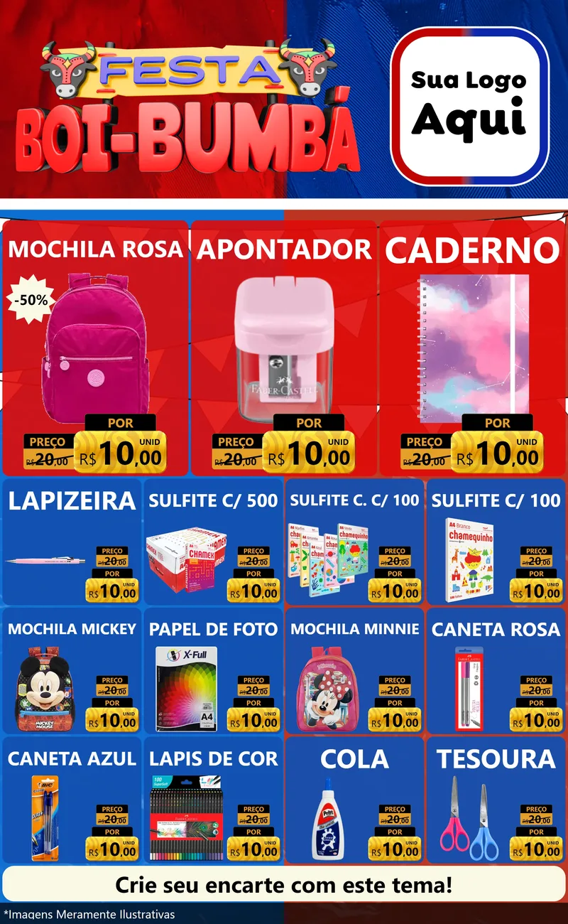 Modelo de Encarte para Encarte Grande com o tema Festa Boi Bumbá para Papelaria