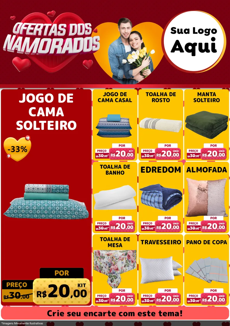 Modelo de Encarte para Encarte A4 Vertical com o tema Ofertas Dos Namorados para Cama, Mesa e Banho