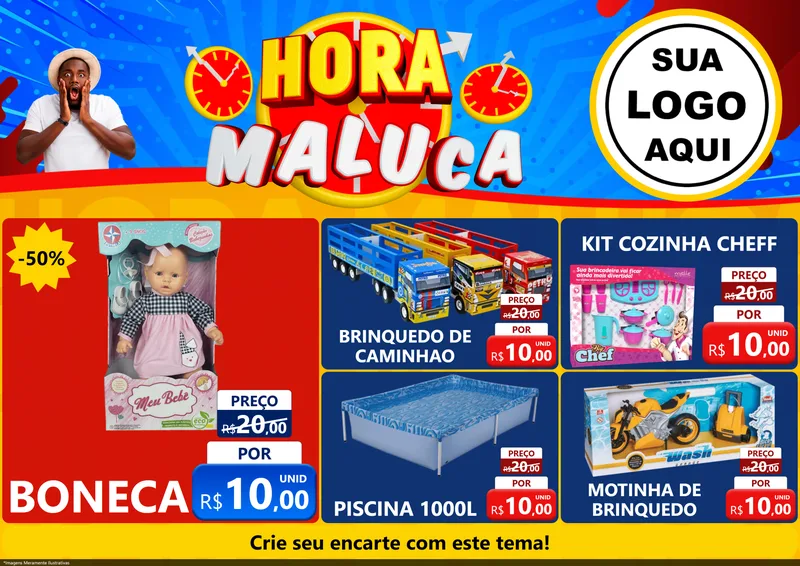 Modelo de Encarte para Encarte A4 Horizontal com o tema Hora Maluca para Brinquedos