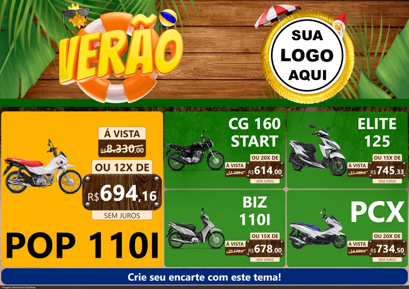 Modelo de Encarte para Encarte A4 Horizontal com o tema Verão para Concessionaria de Motos