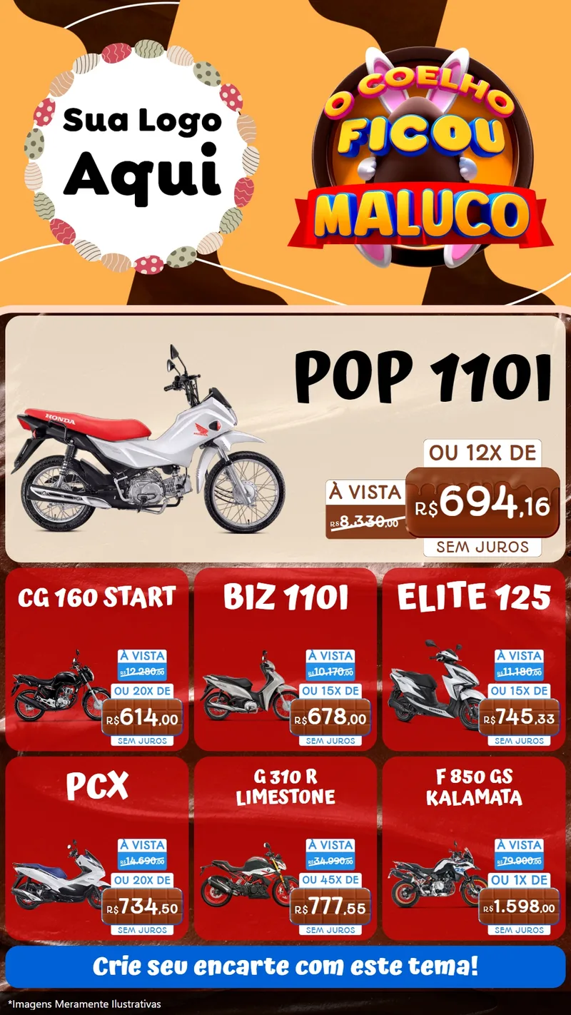 Modelo de Rede Social para Stories com o tema O Coelho Ficou Maluco - Páscoa para Concessionaria de Motos