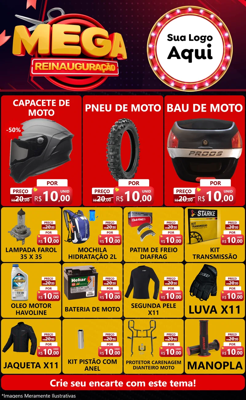 Modelo de Encarte para Encarte Grande com o tema Mega Reinauguração para Moto peças