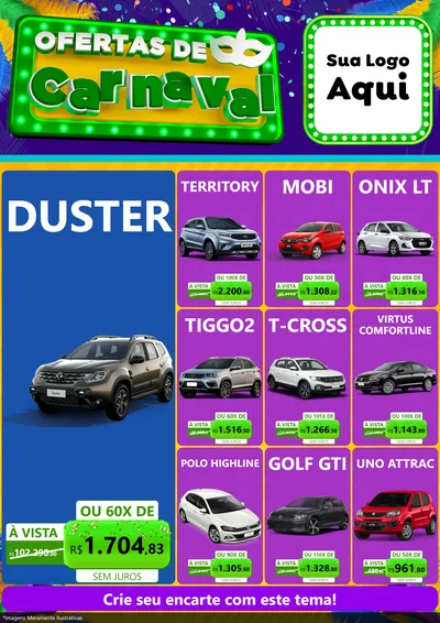 Modelo de Encarte para Encarte A4 Vertical com o tema Ofertas de Carnaval para Concessionaria de Carros