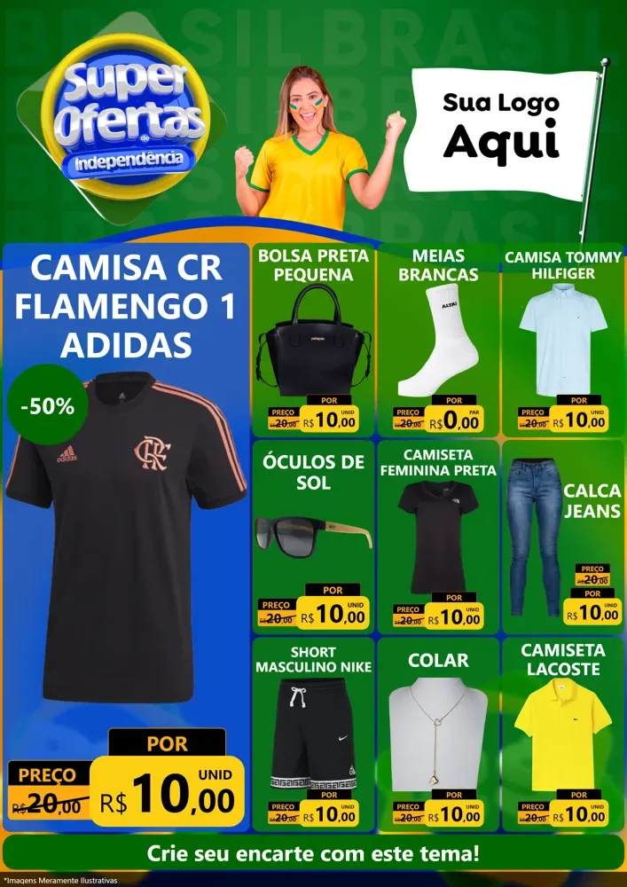 Modelo de Encarte para Encarte A4 Vertical com o tema Super Ofertas de Independência para Roupas e acessórios