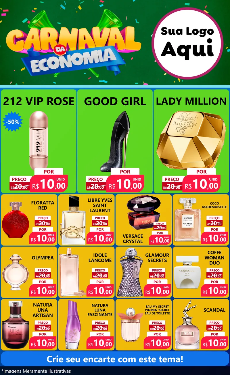 Modelo de Encarte para Encarte Grande com o tema Carnaval da Economia para Perfumes