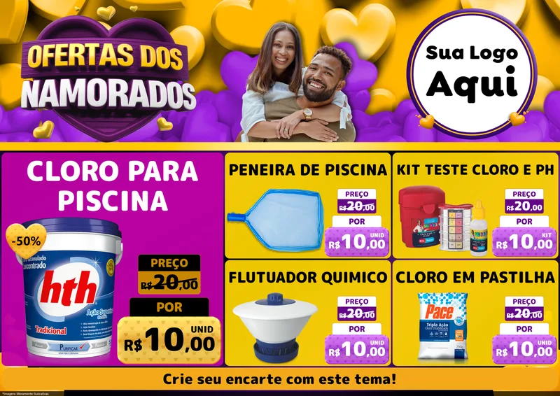 Modelo de Encarte para Encarte A4 Horizontal com o tema Oferta Dos Namorados para Produtos para Piscina