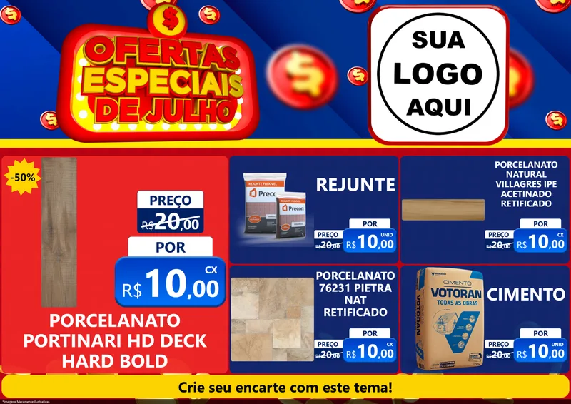 Modelo de Encarte para Encarte A4 Horizontal com o tema Ofertas Especiais de Julho para Pisos e revestimentos
