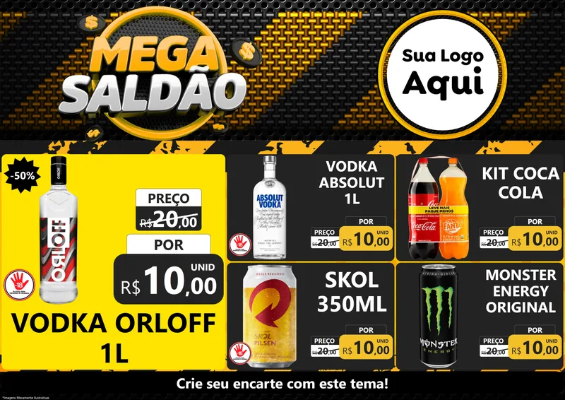 Modelo de Encarte para Encarte A4 Horizontal com o tema Mega Saldão para Distribuidora de bebidas