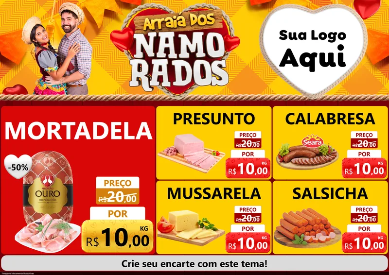 Modelo de Encarte para Encarte A4 Horizontal com o tema Arraiá dos Namorados para Frios e Laticínios