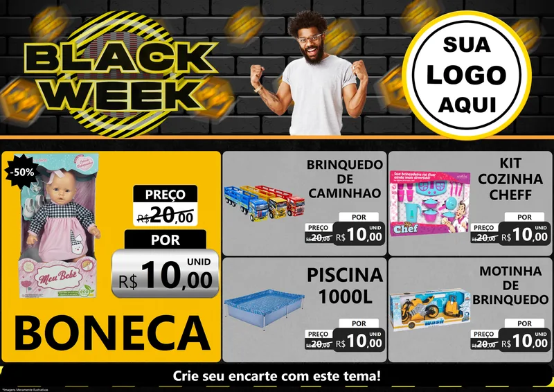 Modelo de Encarte para Encarte A4 Horizontal com o tema Black Week para Brinquedos