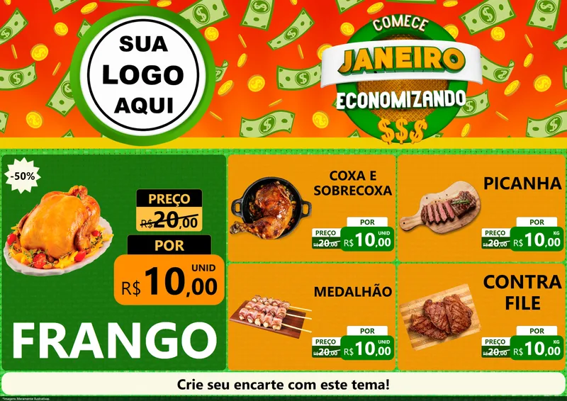Modelo de Encarte para Encarte A4 Horizontal com o tema Comece Janeiro Economizando para Assados