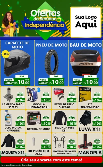Modelo de Encarte para Encarte Grande com o tema Ofertas da Semana da Independência para Moto peças