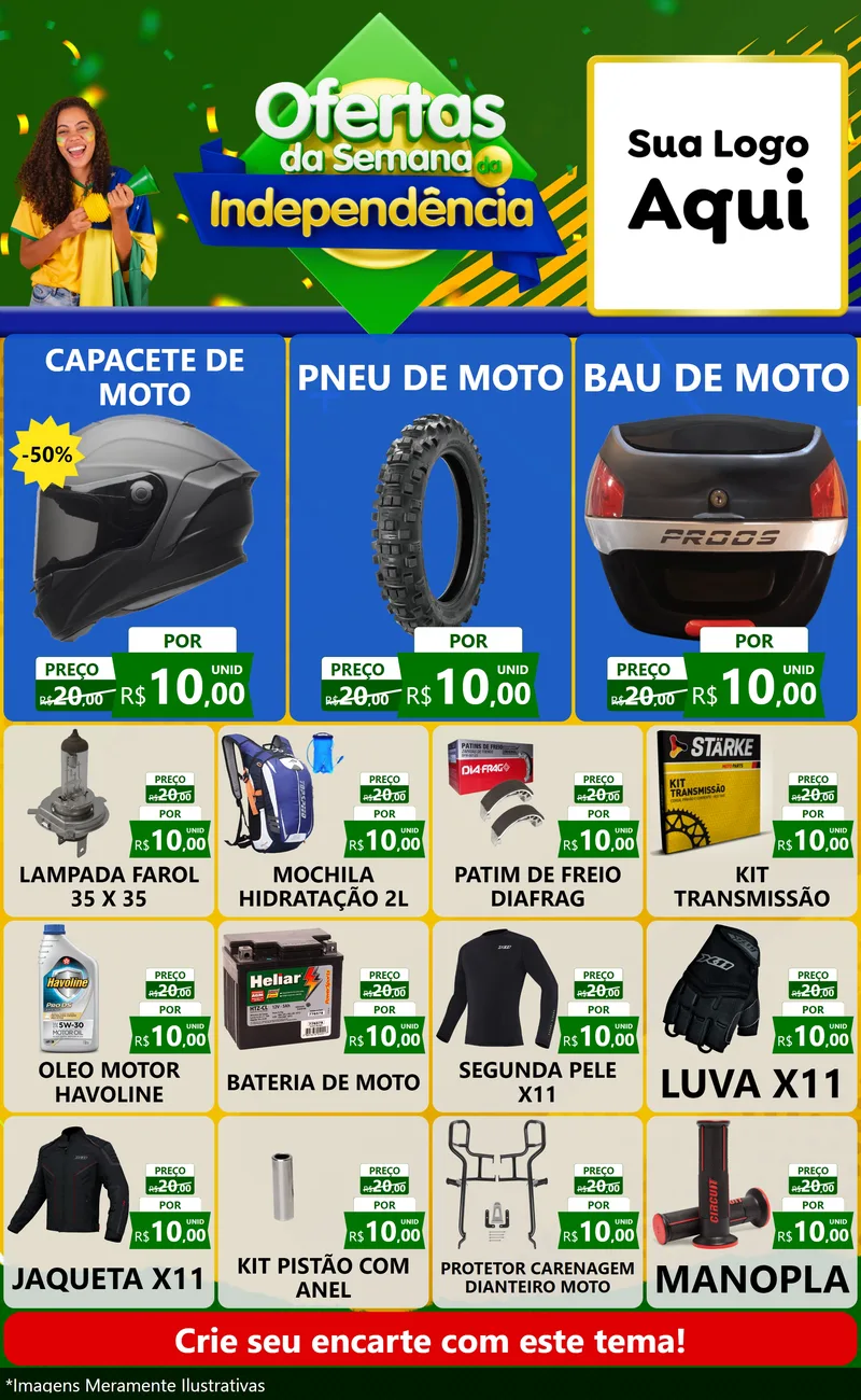 Modelo de Encarte para Encarte Grande com o tema Ofertas da Semana da Independência para Moto peças